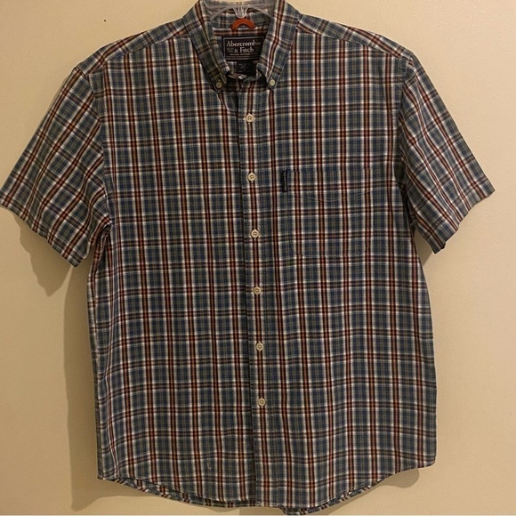 Abercrombie & Fitch Blue Red Plaid  Short Sleeve Button Down Shirt M Cotton - Picture 1 of 11